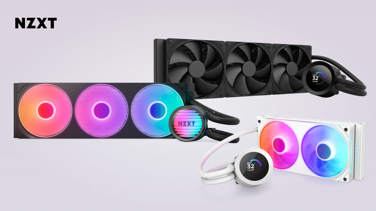 Three NZXT Kraken AIO liquid coolers in black and white with RGB fans and LCD pump heads