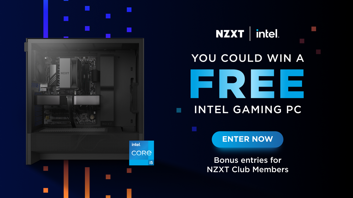 NZXT and Intel giveaway banner to win a free Intel gaming PC in a black NZXT case, with bonus entries for Club members
