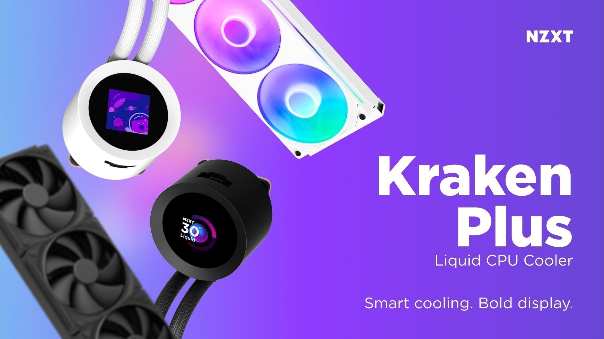 NZXT Kraken Plus liquid CPU coolers in black and white with LCD pump displays and RGB fans on a purple background