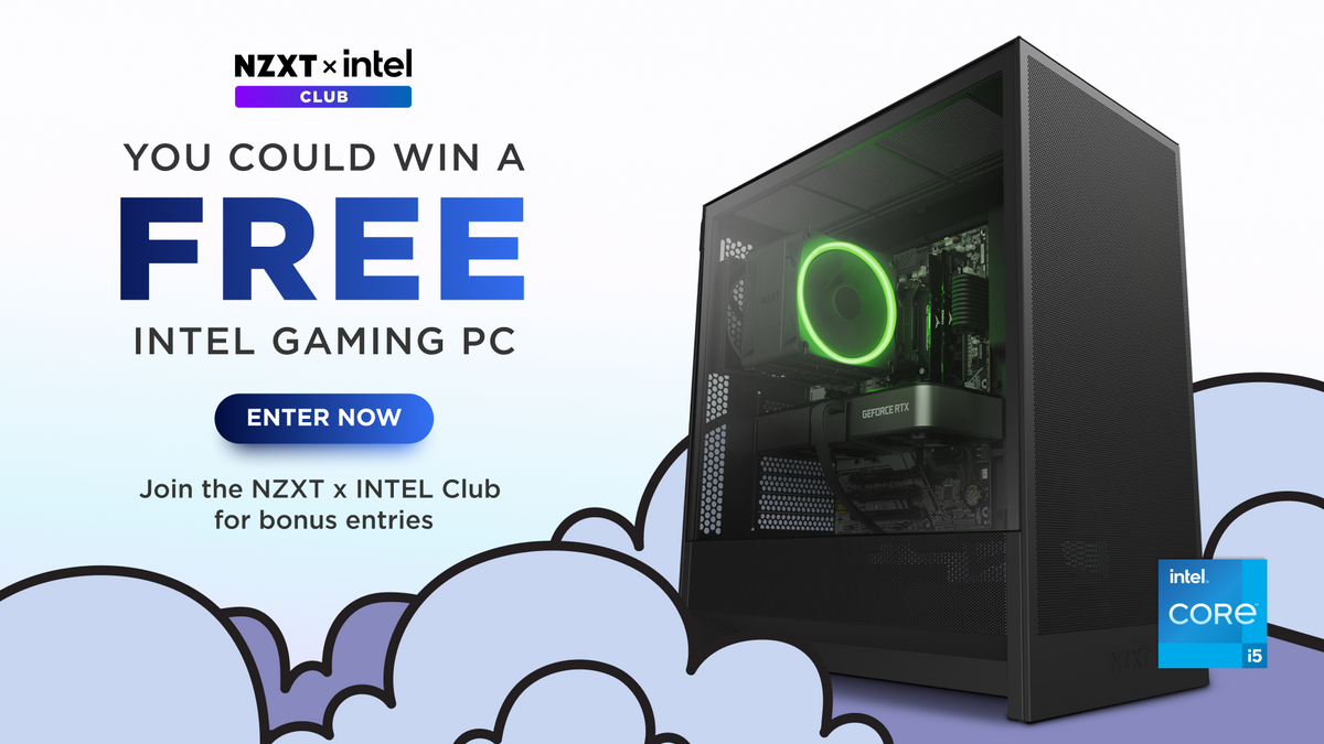 NZXT x Intel Club giveaway banner offering a free Intel gaming PC, showing a black PC with a green-lit cooler