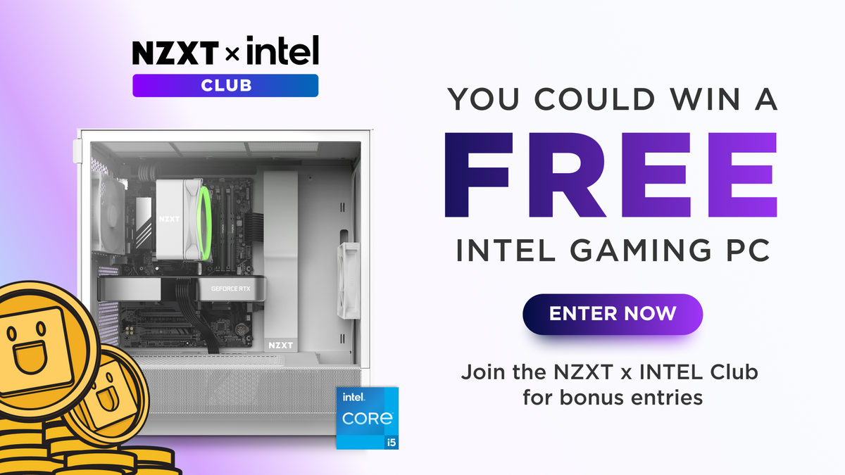NZXT x Intel Club giveaway banner offering a free Intel gaming PC, showing a white PC with an Intel Core i5 badge