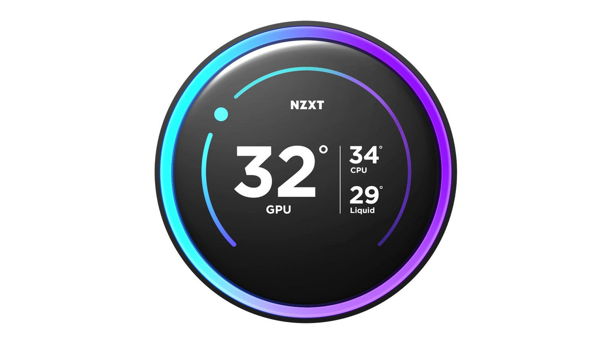 NZXT Kraken pump head LCD showing 32° GPU, 34° CPU and 29° liquid temperatures