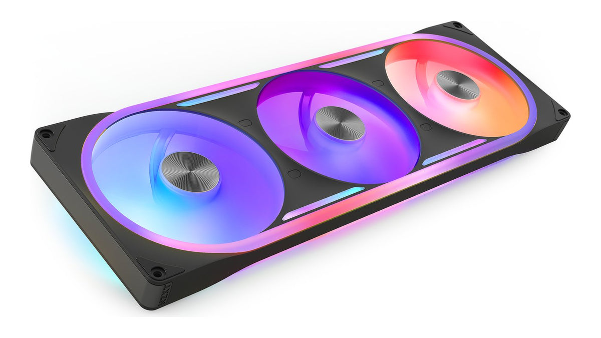 Black NZXT triple RGB fan panel with three fans lit in blue, purple and orange