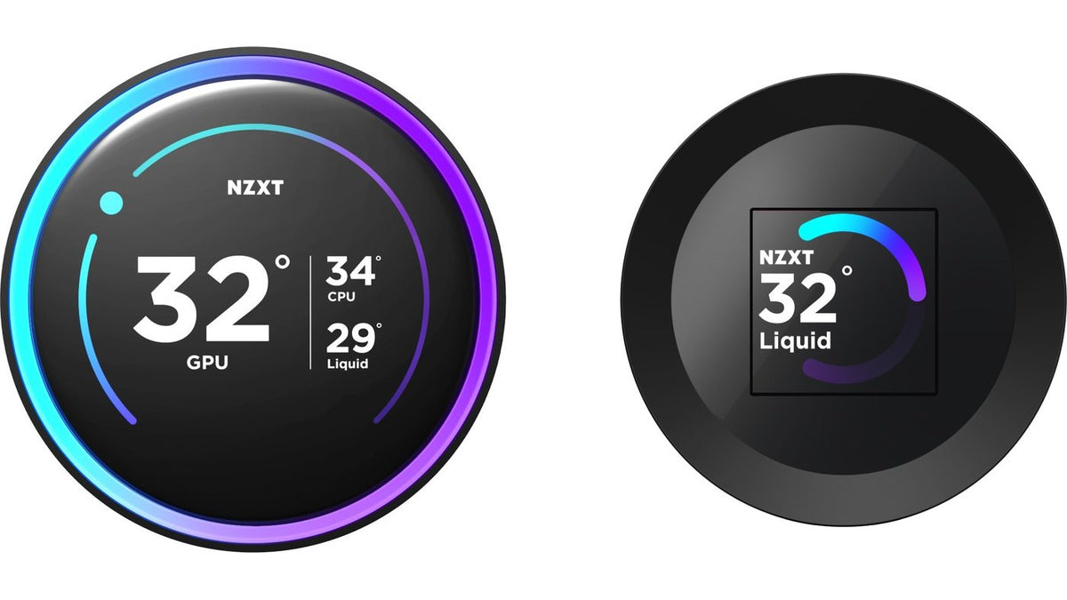 Two NZXT Kraken pump LCD screens, one round and one square, displaying GPU, CPU and liquid temperatures