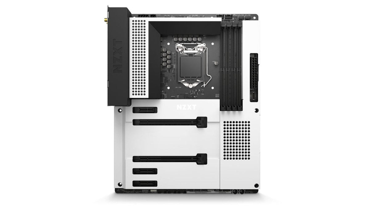 White NZXT N7 motherboard with a black I/O cover and black DIMM slots, front view
