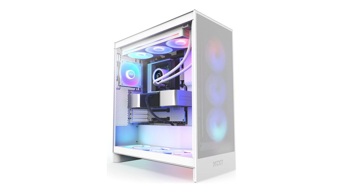 White NZXT dual-chamber case with an AIO liquid cooler LCD pump and blue and pink RGB fans