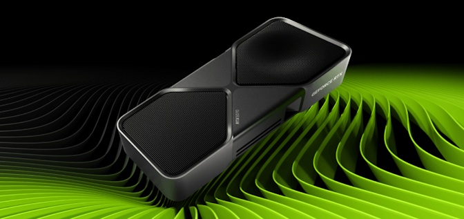 A sleek black NVIDIA graphics card is displayed at an angle, floating above a background of abstract green and black waves.