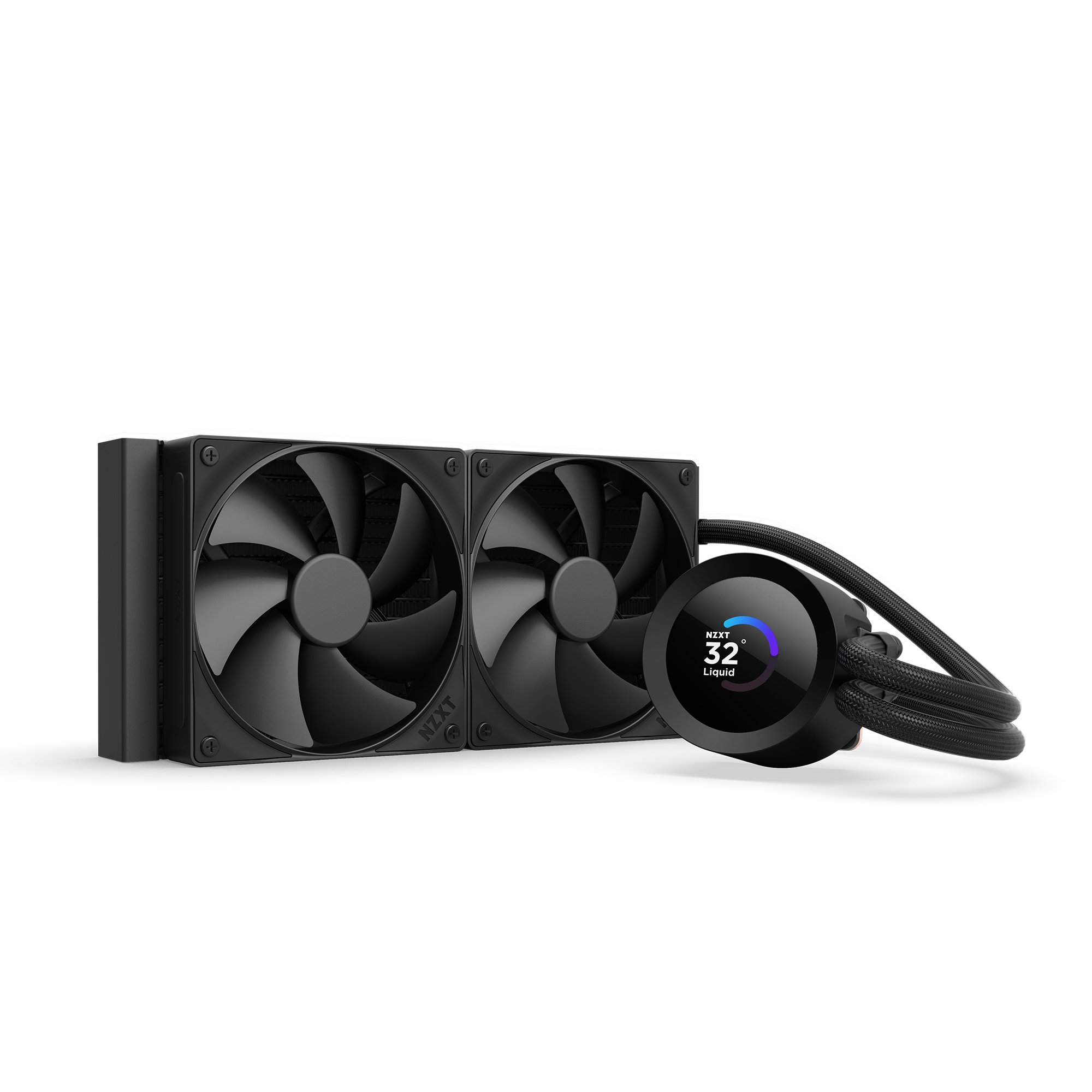 The NZXT Kraken Plus 240 is a liquid CPU cooler with dual black RGB fans, a radiator, and a circular Turbine pump featuring an LCD display showing a temperature of 32°C.
