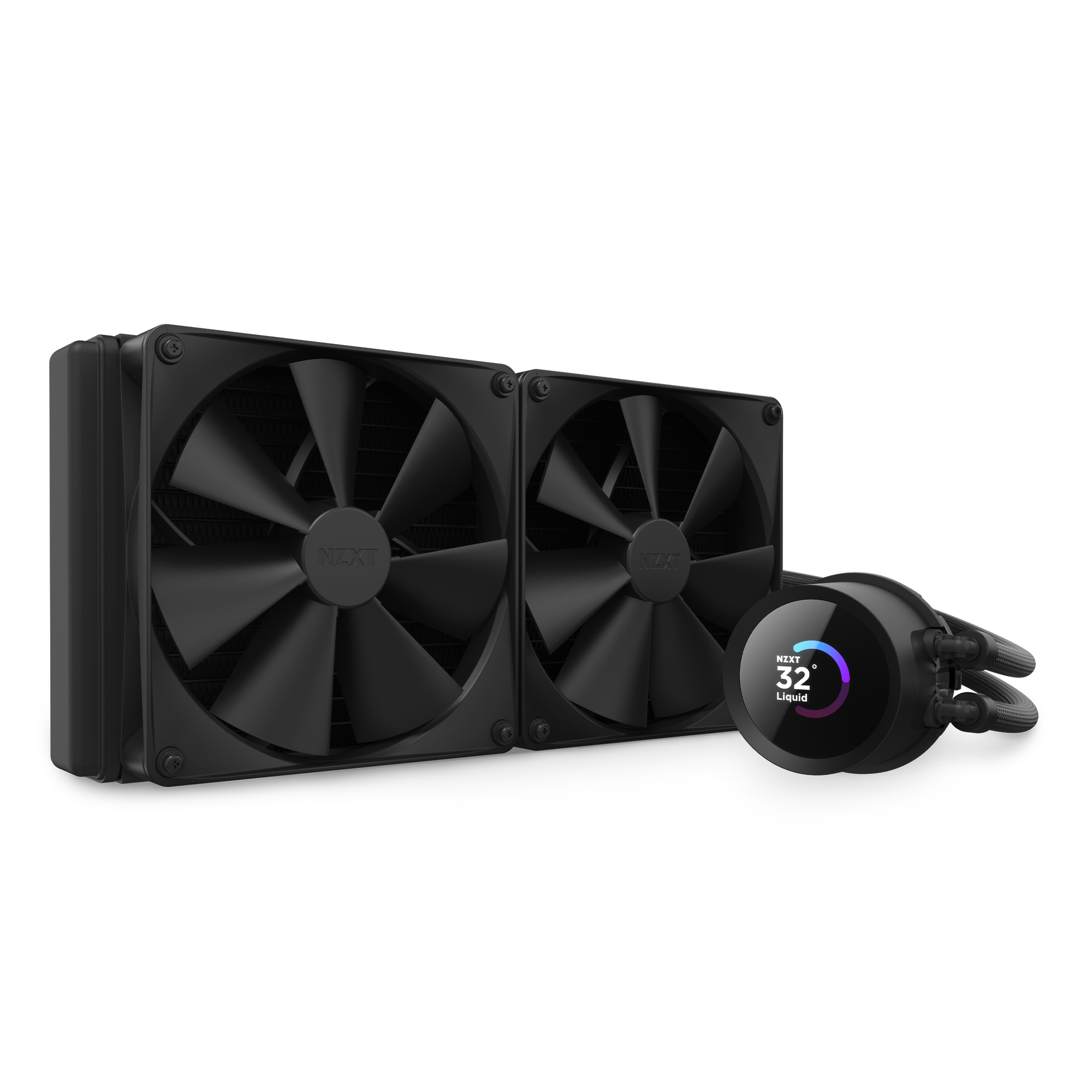 The NZXT Kraken 280 is a black dual-fan liquid CPU cooler featuring two large fans and a circular pump with a digital display for temps and liquid levels, effortlessly managed via NZXT CAM software.
