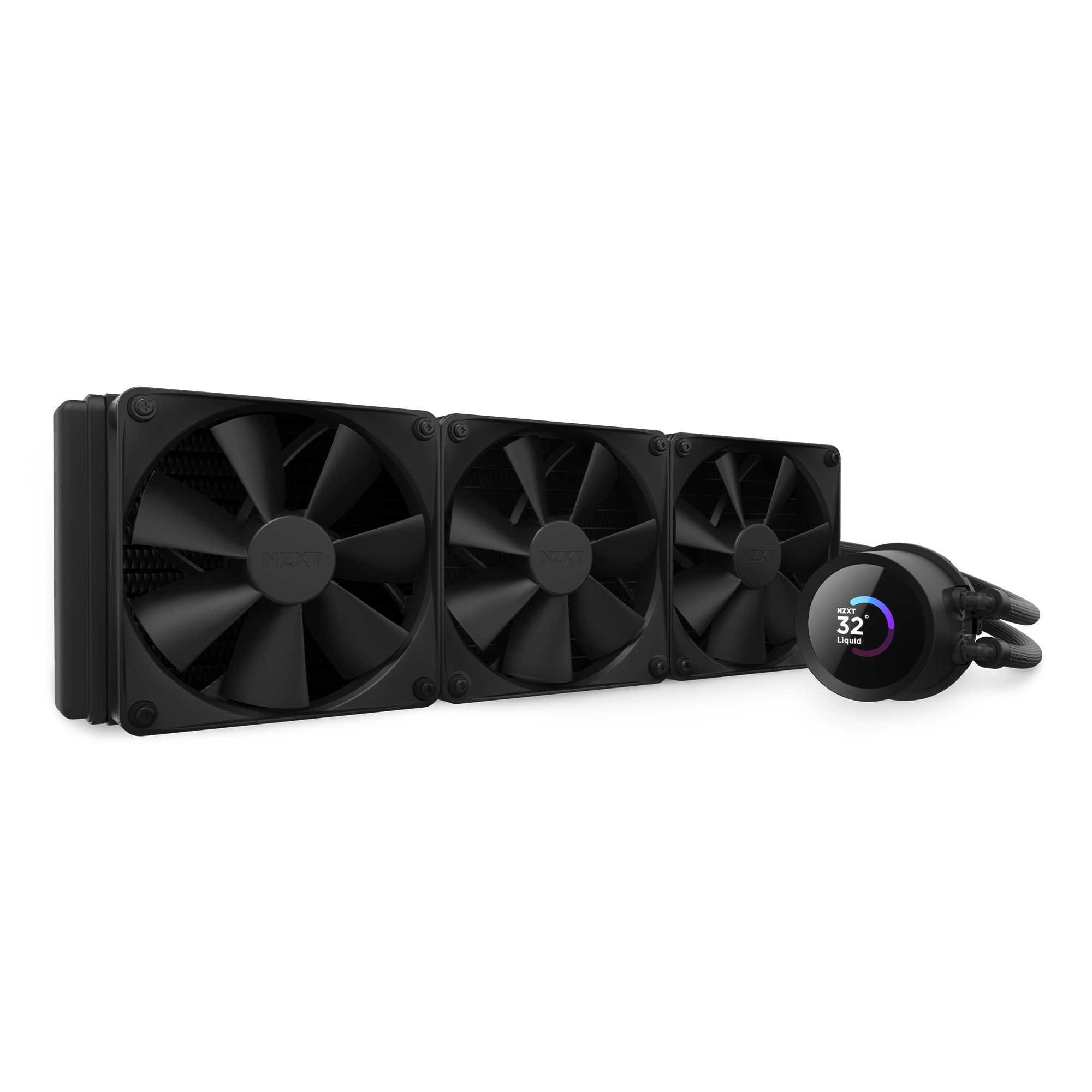 The NZXT Kraken 360 is a black liquid CPU cooler with three large fans and a circular LCD pump head for temperature and lighting, delivering optimal cooling performance.