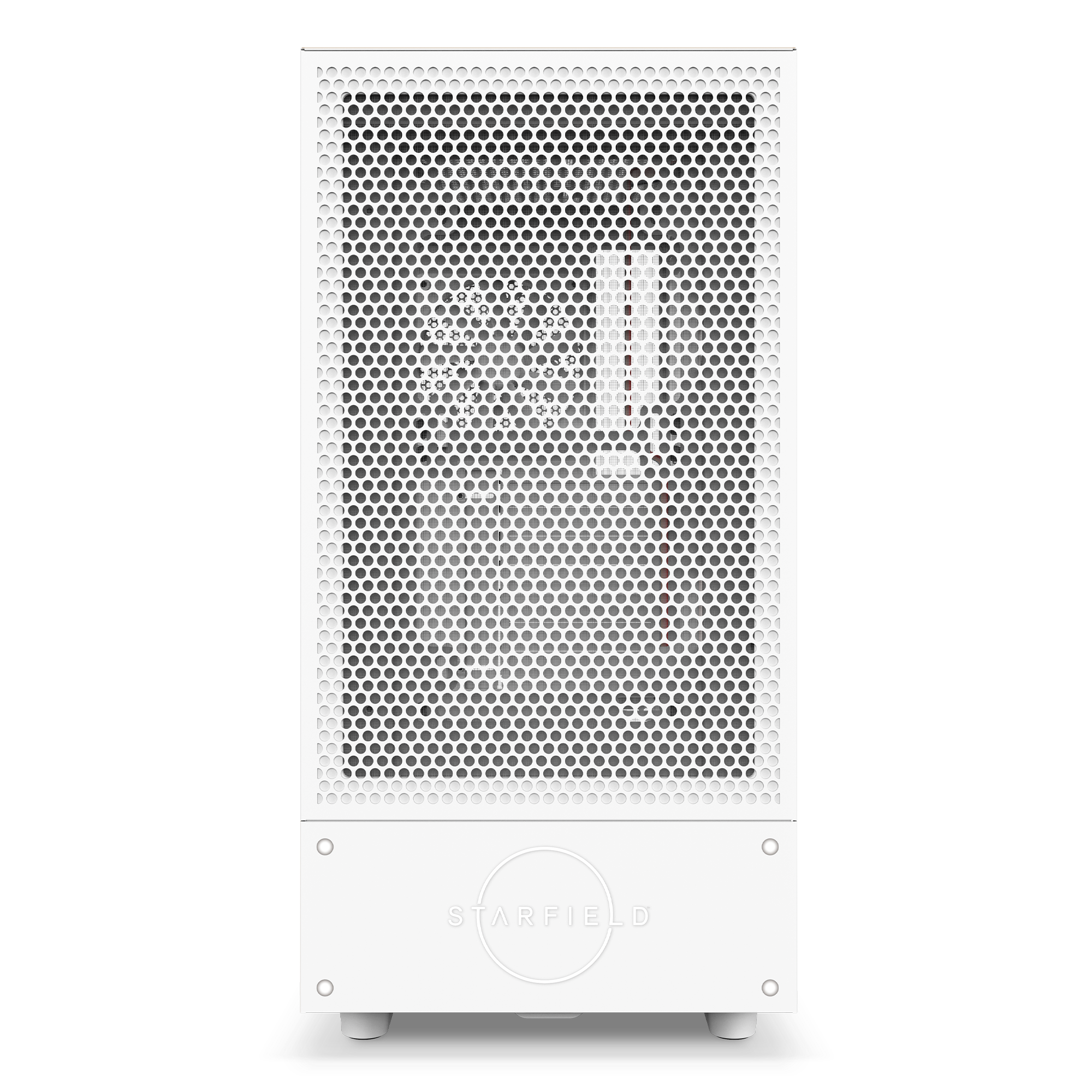 The NZXT H5 Flow Starfield is a white rectangular computer case with a perforated front panel for optimized thermal performance and STARFIELD embossed near the bottom center.