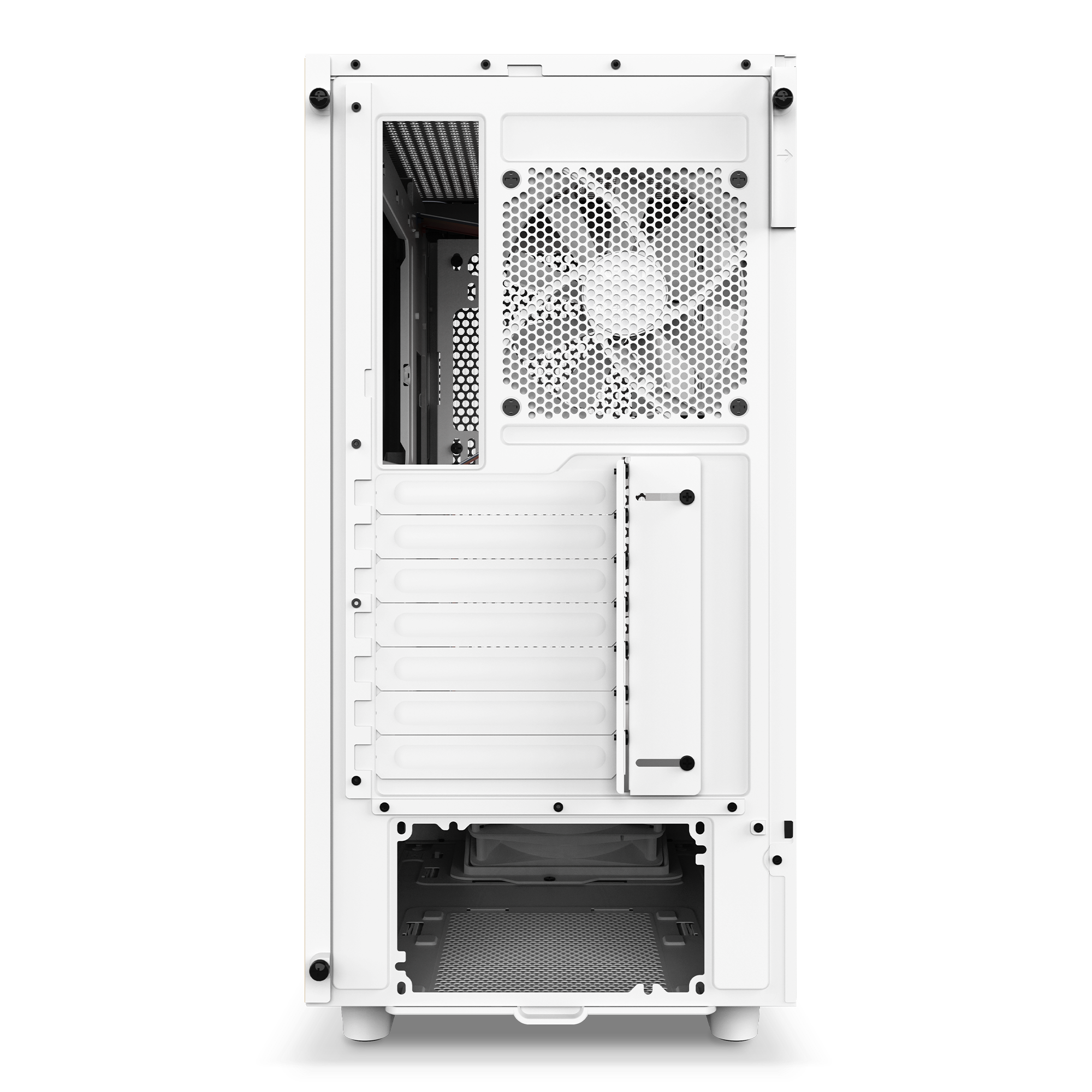 Rear view of the NZXT H5 Flow Starfield case displaying ventilation grilles, a mounted fan, expansion slots, and cutouts for motherboard ports and power supply—engineered for optimal cooling.