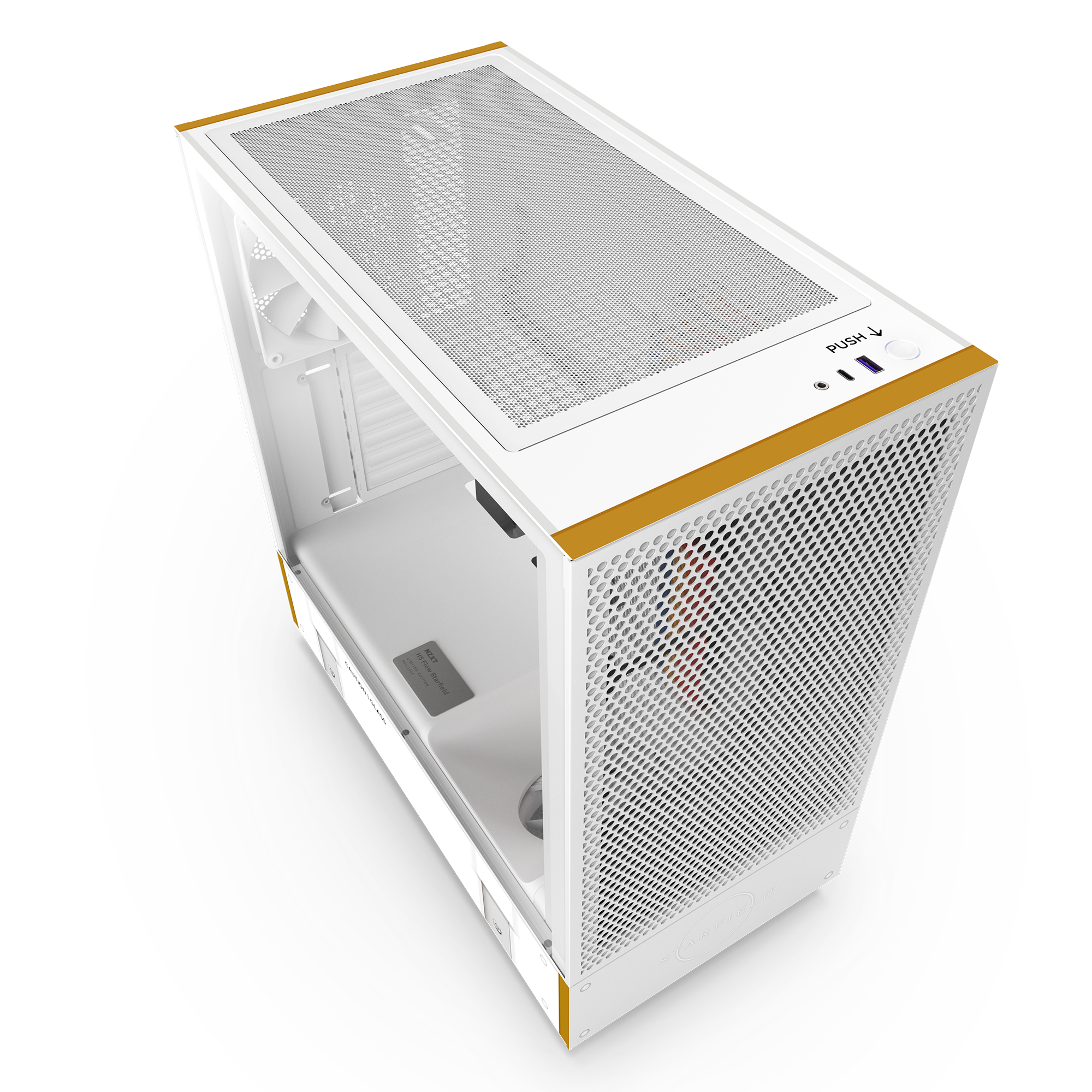The NZXT H5 Flow Starfield is a white PC case with mesh front and top panels, gold corner accents, visible cooling fans for optimal airflow, intuitive cable management, USB ports, and a power button on the top panel.