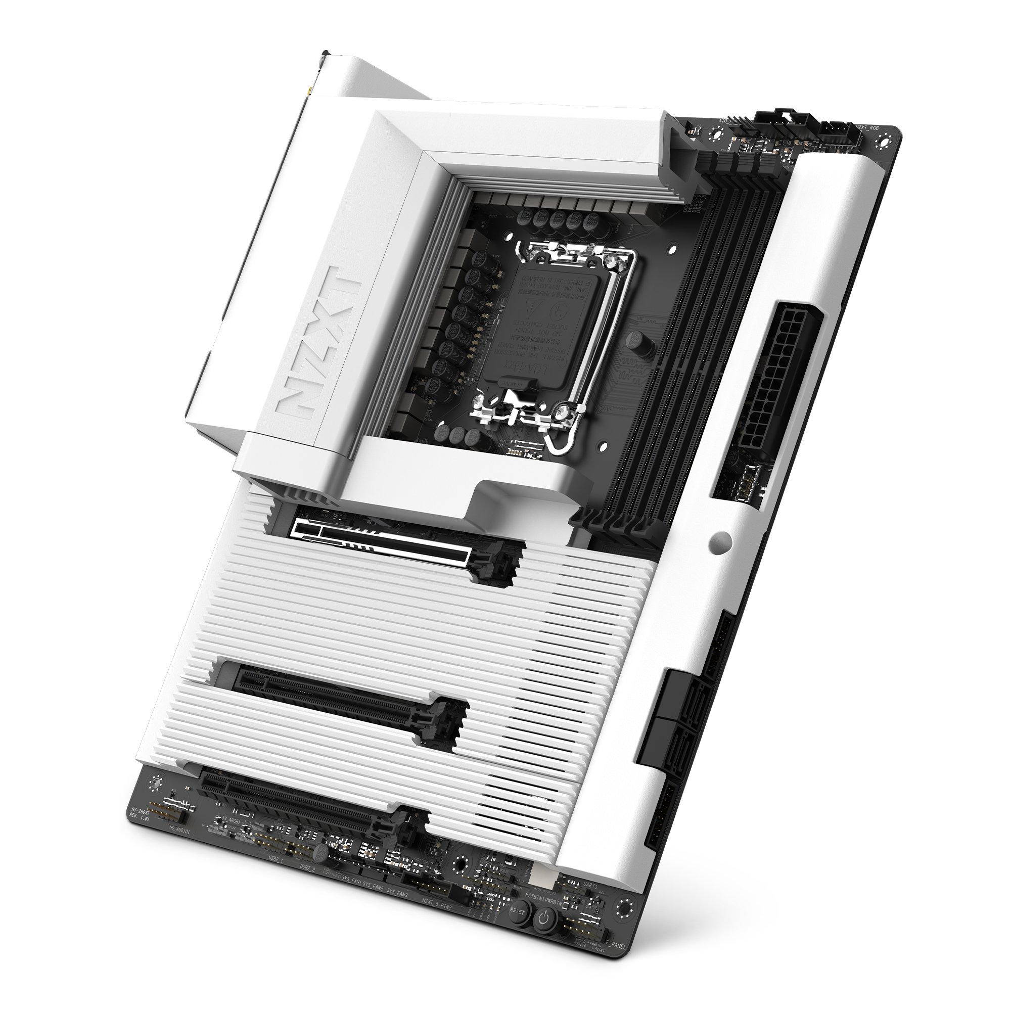 The NZXT N7 Z890 is a black and white motherboard featuring angular heatsinks, multiple RAM slots, PCIe 5.0 slots, and various connectors—engineered for high-performance desktop PCs and advanced gaming.