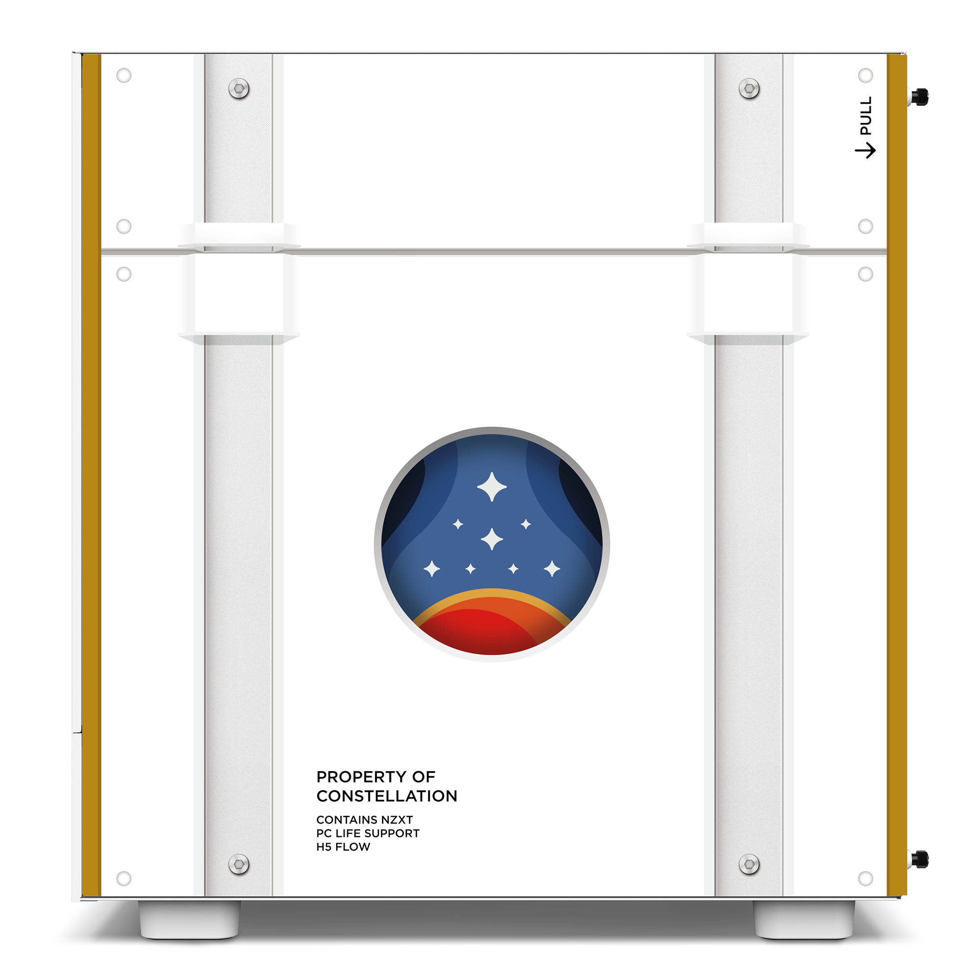 The NZXT H5 Flow Starfield features a white panel with gold vertical stripes, a circular window displaying starry space art, black PROPERTY OF CONSTELLATION text with specs below, intuitive cable management, and a PULL arrow on the upper right edge.