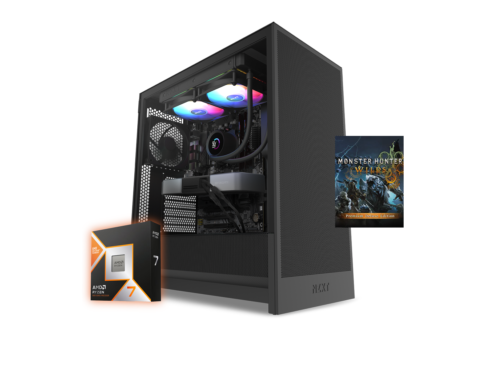 A gaming PC with RGB lighting is shown alongside an AMD Ryzen 7 processor box and the cover art for the game Monster Hunter: World.