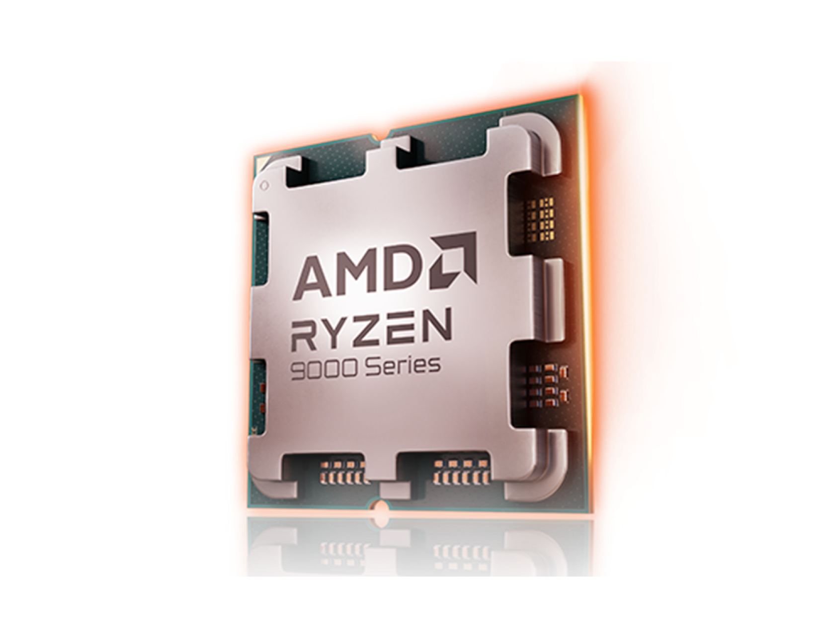 A computer processor from the AMD Ryzen 9000 Series is shown on a reflective surface, with an orange glow highlighting its edges and engraved branding visible on the metal casing.