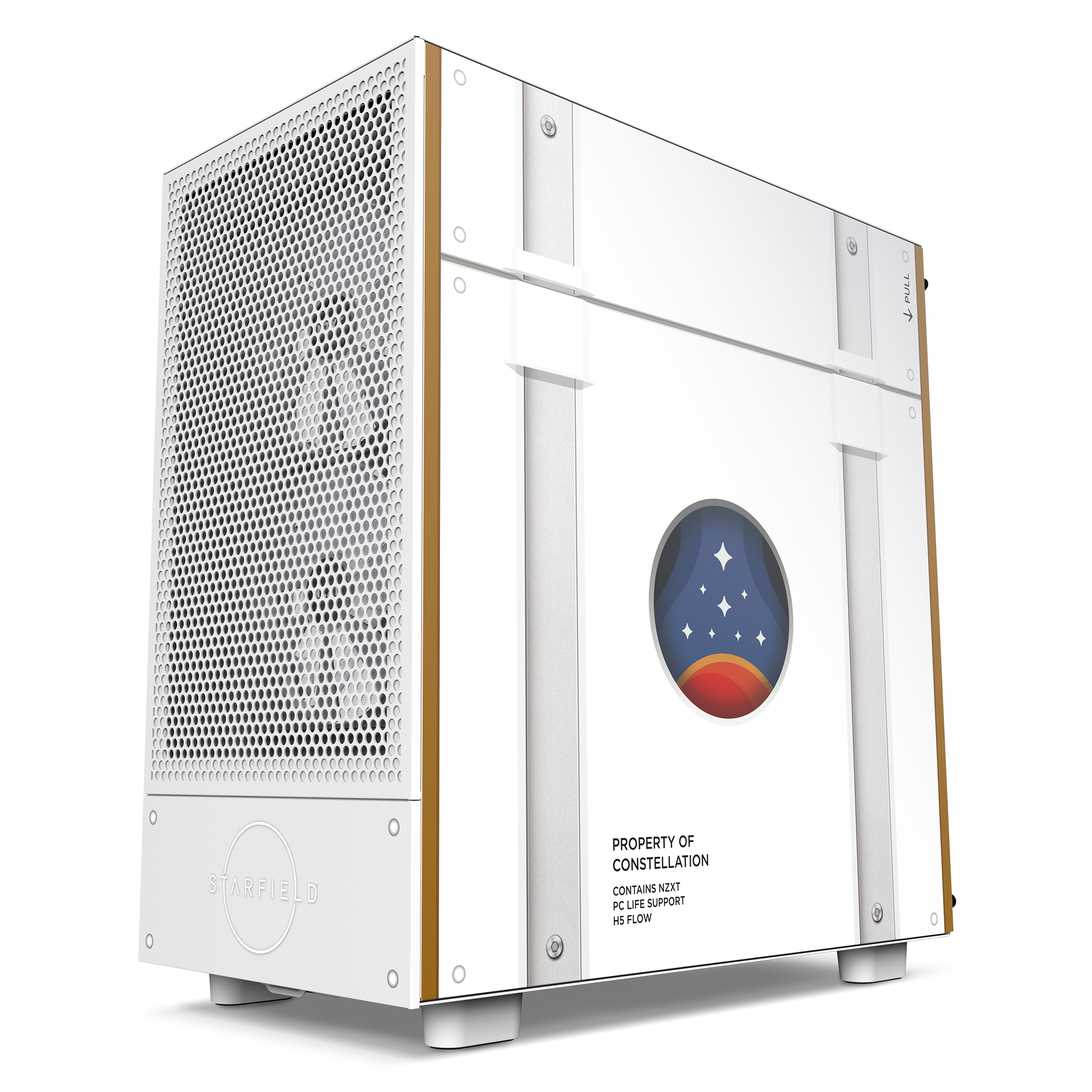 The NZXT H5 Flow Starfield is a white gaming PC case with gold accents, optimized thermal performance, a large mesh side panel, and a circular logo with stars and a planet. “Property of Constellation” appears below with technical details.
