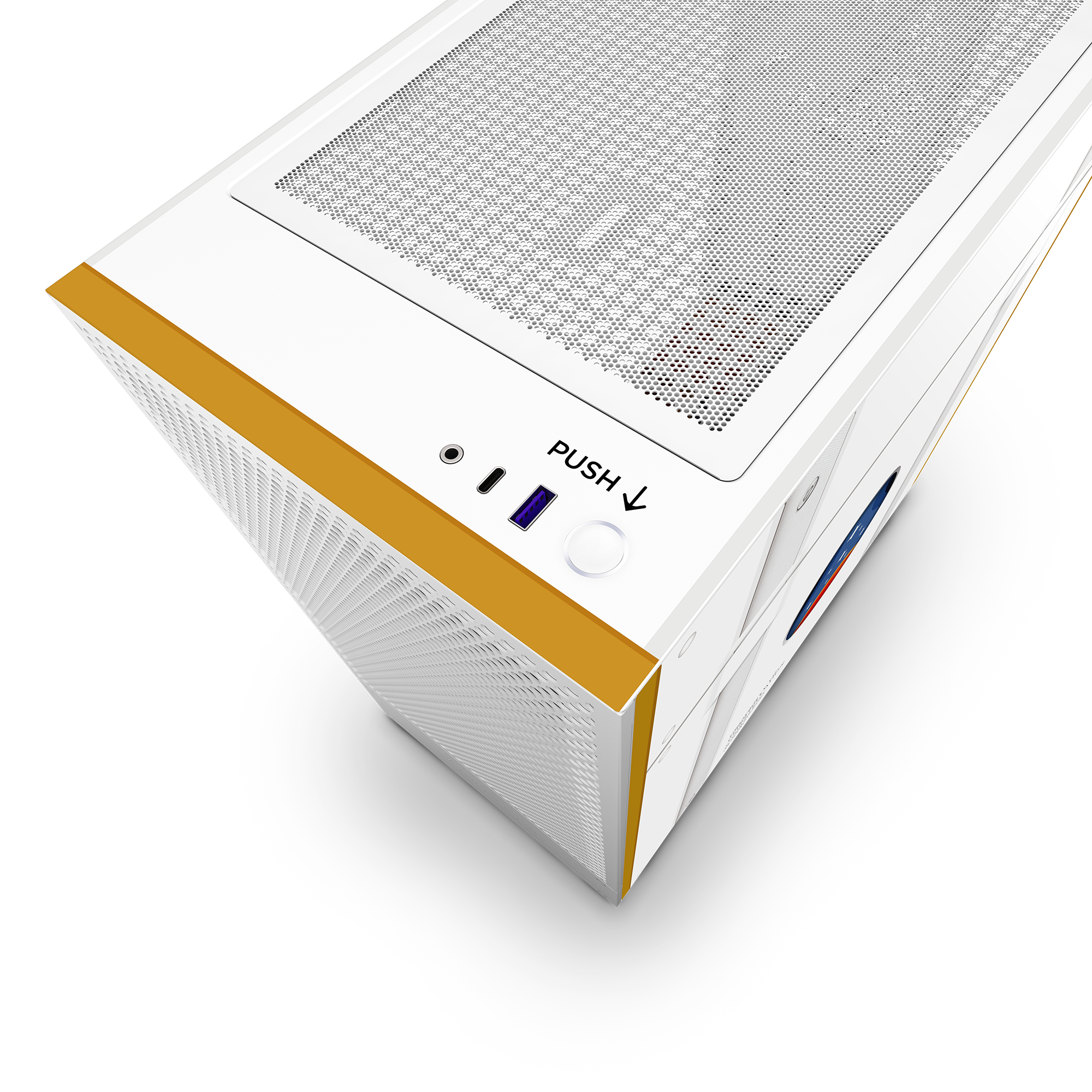 The NZXT H5 Flow Starfield is a white computer case with gold accents, mesh top panel, power button, USB ports, and a PUSH-labeled circular front button. Its modern design offers intuitive cable management for a clean, minimal look.