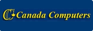 Logo for Canada Computers featuring yellow text and a yellow maple leaf on a dark blue background.