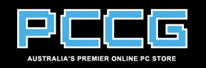 Logo with large blue letters PCCG and the tagline AUSTRALIAS PREMIER ONLINE PC STORE in white text beneath, all on a black background.