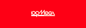 White 100Mega Distribution logo with stylized text on a solid red background.