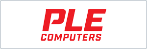 Logo featuring the bold red letters PLE above the word COMPUTERS in red, on a white background with a thin grey border.