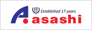 Logo with a blue and red abstract design, the text “Established 17 years” with a laurel, and the word “asashi” in bold red lowercase letters.