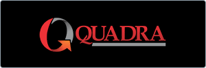 Logo with the word QUADRA in red capital letters, underlined with a gray line. The letter Q is stylized with a red and gray gradient and an orange arrow forming part of the letter, all on a black background.