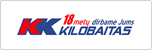 Logo with large blue letters KK, red text 18 metų dirbame Jums above, and KILOBAITAS in blue below. The background is transparent.