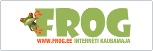 Logo with the word “FROG” in large green letters. A cartoon frog clings to the left side of the text, facing forward with bright red eyes and orange toes. The background is white.