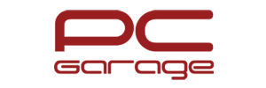 Logo with the words PC garage in red, using a modern, bold font. The letters P and C are larger and stylized, with “garage” written in lowercase below. The background is white.