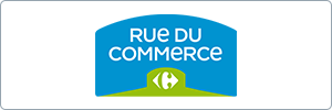 Logo of Rue du Commerce featuring white text on a blue background, with a green shape at the bottom containing a white Carrefour logo.