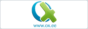 Logo featuring a blue circle partially overlapped by a large green X shape, with the text www.ox.ee written below it on a black background.