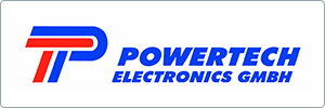 Logo of Powertech Electronics GmbH featuring a stylized blue and red PT design on the left and the company name in bold blue letters on the right, against a white background.