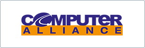 Logo for Computer Alliance. The word COMPUTER is written in bold, blue uppercase letters, with a stylized O featuring a white swirl. Below, ALLIANCE appears in blue letters on an orange rectangle.