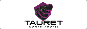 Logo of Tauret Computadores featuring a purple stylized bull’s head inside a hexagon above the company name in bold black text, with “COMPUTADORES” written below in smaller capital letters.
