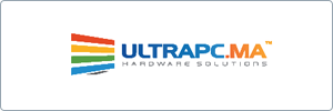 Logo for ULTRAPC.MA Hardware Solutions, featuring multicolored horizontal bars (red, orange, green, blue, black) to the left of the company name in bold blue and orange text, with gray tagline below.