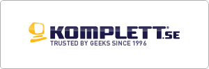 Logo for Komplett.se, featuring a stylized yellow computer monitor icon on the left and the text KOMPLETT.SE TRUSTED BY GEEKS SINCE 1996 in bold, dark blue letters on a white background.