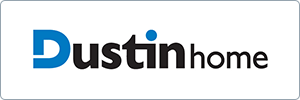 The logo for Dustin home with Dustin in bold black letters, the D in blue with a blue dot above the i, and the word home in regular black font on a white background.