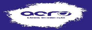 A blue and white logo with the word acro in bold, modern font above the tagline GAMING WITHOUT FEAR, surrounded by a rough, circular white paint splatter on a blue background.