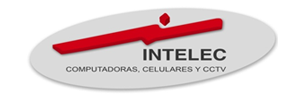 Logo for INTELEC featuring a red geometric shape above the name INTELEC in bold black letters, with the text COMPUTADORAS, CELULARES Y CCTV below, all on a gray oval background.