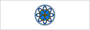 A blue and yellow abstract atomic symbol with overlapping elliptical orbits inside a double-lined circular border, set against a white background.
