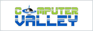 Logo for Computer Valley with Computer in green futuristic font and a flying saucer as the letter O. Valley is written below in blue gradient, stylized block letters. The background is white.