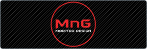 Logo with a black background and diagonal gray lines. In the center, a red circle surrounds the text MnG in large red letters, with MODNGO DESIGN in smaller white letters below.