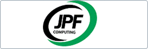 Logo for JPF Computing. The text JPF Computing is in bold black letters, partially encircled by a black and green curved swoosh, on a white background bordered by blue-green.
