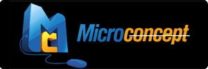 Logo with a blue 3D M and yellow c letter, resembling a computer mouse, followed by the text Microconcept in blue and gold, with a white line crossing through part of the text on a black background.