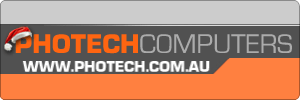 Logo for PHOTECH COMPUTERS featuring the website www.photech.com.au. The P in PHOTECH is wearing a red and white Santa hat, indicating a festive or holiday theme.