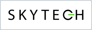 The image shows the word SKYTECH in a modern sans-serif font, with a horizontal green line replacing the middle bar of the letter H on a white background.