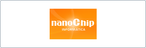 An orange rectangular logo with white text that reads nanoChip INFORMATICA in a bold, modern font, with a light flare effect in the background.